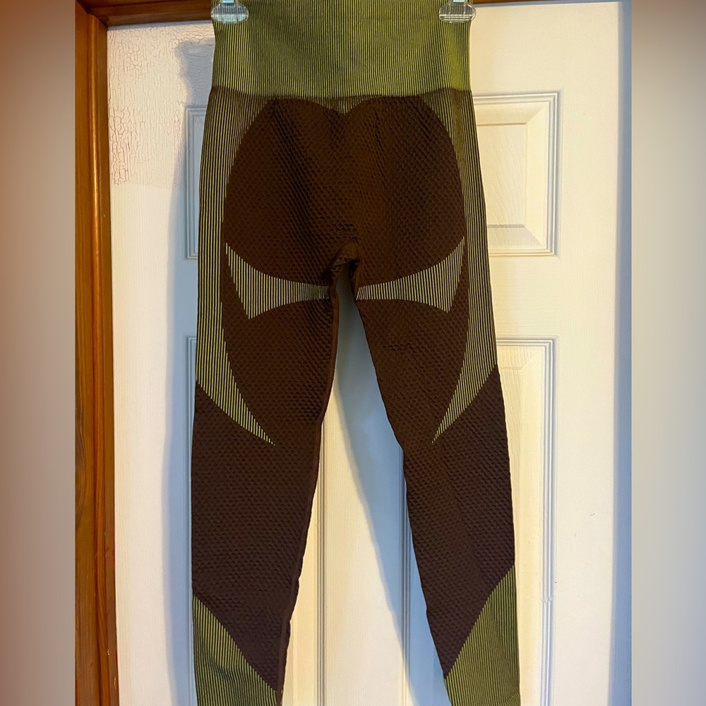 Green and brown athletic leggings